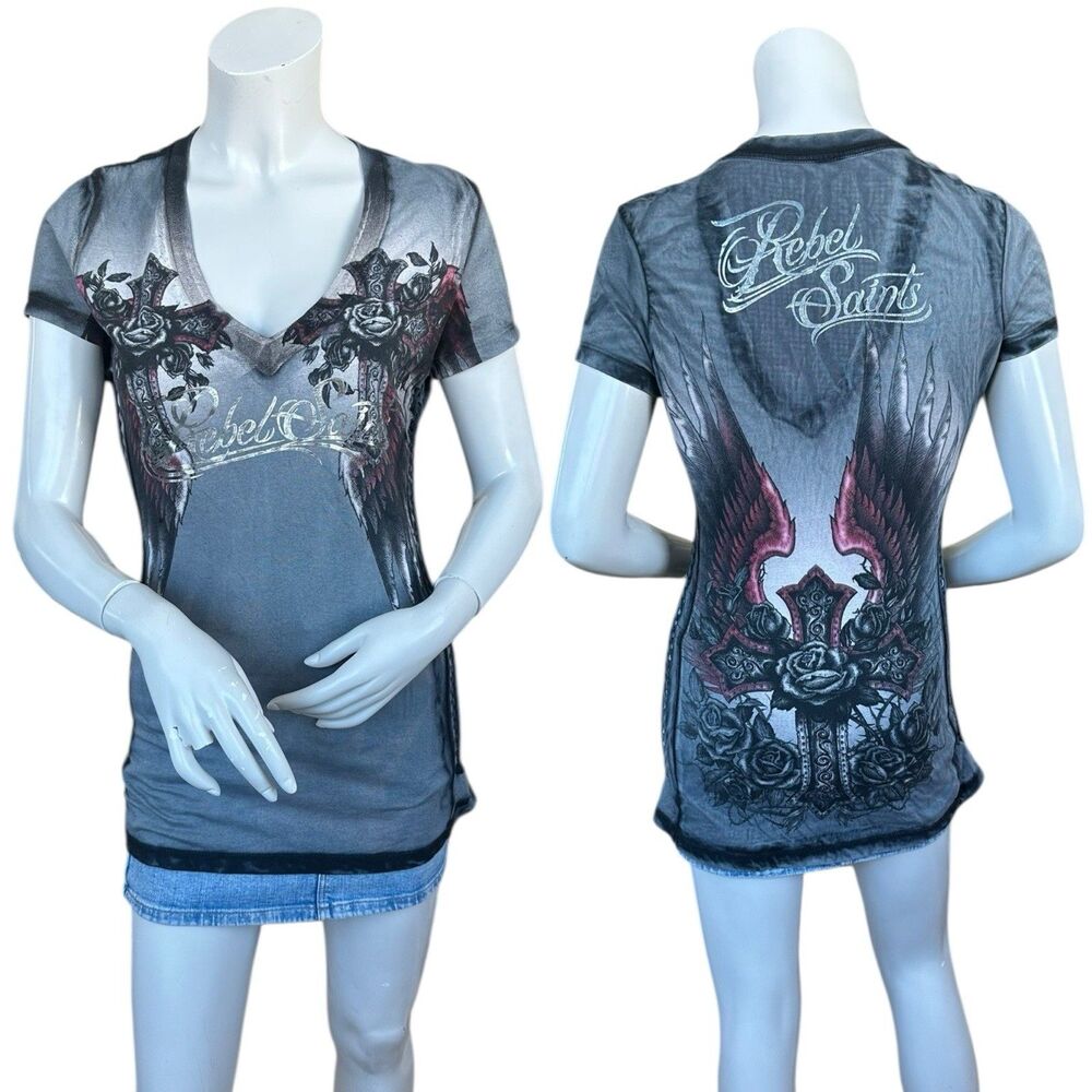 Rebel Saints Affliction Gray Black Burnout Cross Roses Woven Sides Tee Medium